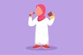 Cartoon flat style drawing Arabian little child eat chocolate bar wrapped in package. Adorable girl kid enjoy sweet dessert snack