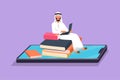 Cartoon flat style drawing Arabian male college student sitting on pile of book while typing on laptop on smartphone screen.