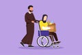 Cartoon flat style drawing Arabian man supporting, caring disabled old woman on wheelchair. Volunteer helping and taking care of