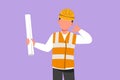 Cartoon flat style drawing architect wearing vest, helmet with call me gesture and carrying blueprint paper for building work plan