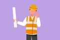 Cartoon flat style drawing architect wearing vest, helmet with celebrate gesture and carrying blueprint paper for building work