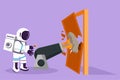 Cartoon flat style drawing astronaut ignites cannon in front of door, destroying door in moon surface. Eliminating barrier of