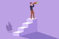 Cartoon flat style drawing attractive businessman standing on stairs with binoculars. Vision concept in business. Symbol