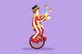 Cartoon flat style drawing attractive male clown juggling on a bicycle. The playing clown was very funny and entertained the Royalty Free Stock Photo