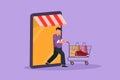 Cartoon flat style drawing attractive man coming out of canopy smartphone screen pushing shopping cart. Sale, digital lifestyle, Royalty Free Stock Photo