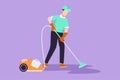 Cartoon flat style drawing attractive man professional busy janitor vacuum cleaning indoors, floor office cleaning, young, happy, Royalty Free Stock Photo