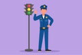 Cartoon flat style drawing of attractive policeman standing near traffic light in full uniform with gesture okay, working to Royalty Free Stock Photo