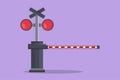 Cartoon flat style drawing automatic railway barrier with siren, stripes, signs, and warning lights closes railroad crossings to