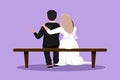 Cartoon flat style drawing back view of embracing married couple sitting on bench at park. Cute couple in relationship in love. Royalty Free Stock Photo