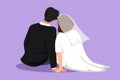 Cartoon flat style drawing back view of happy married couple in love sit holding hands wearing wedding party. Cute man and woman Royalty Free Stock Photo