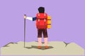 Cartoon flat style drawing back view of hiker with backpack on top of mountain. Trekking man looking for landscape. Happy climber