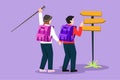 Cartoon flat style drawing back view of hikers couple man and woman with backpacks logo. Direction pointer, Hiking, traveling,