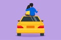 Cartoon flat style drawing back view of loving romantic Arabian couple sitting on top of car. Happy couple getting ready for