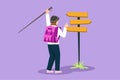 Cartoon flat style drawing back view of pretty woman hiker standing near direction sign or pointer. Girl with backpacks searching