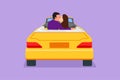 Cartoon flat style drawing back view of two romantic lovers sitting in vintage car. Happy man and woman hugging and kissing each
