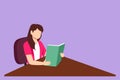 Cartoon flat style drawing beautiful girl student sitting at table and holding book in hands. Female reading a book. Young woman Royalty Free Stock Photo