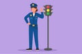 Cartoon flat style drawing beautiful policewoman standing near traffic light with okay gesture and in full uniform works to