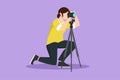 Cartoon flat style drawing beautiful professional woman photographer kneeling for taking pictures with digital camera and tripod.