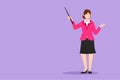 Cartoon flat style drawing of beautiful school woman teacher standing with pointer. Lecturer, instructor, businesswoman for