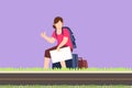Cartoon flat style drawing beautiful woman with backpacks sitting near road and hitchhiking. Female thumbing or hitching ride.