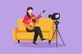 Cartoon flat style drawing of beautiful woman blogger recording and live steam playing guitar on social media. Concept of Royalty Free Stock Photo