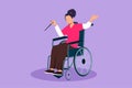 Cartoon flat style drawing beautiful woman conductor sitting in wheelchair leading orchestra. Disability people play classical