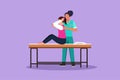 Cartoon flat style drawing beautiful woman sitting on massage table masseur doing healing treatment massaging injured patient Royalty Free Stock Photo