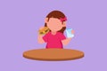 Cartoon flat style drawing beauty little girl sitting at table and eating hamburger. Tasty street burger fast food concept.