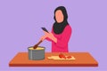 Cartoon flat style drawing beauty wife cooking while looking at tutorial on smartphone. Arab woman learn to cook with modern