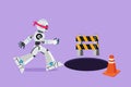 Cartoon flat style drawing blindfolded robot running to tech business trap. Blind investment metaphor. Robot artificial