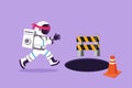 Cartoon flat style drawing blindfolded young astronaut running to find money with pit hole in moon surface. Blind investment