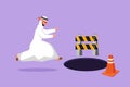 Cartoon flat style drawing blindfolded young businessman running to find money with pit hole. Arabian male manager runs to