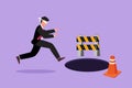 Cartoon flat style drawing blindfolded young businessman running to find money with pit hole. Male manager runs to business trap.
