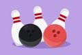 Cartoon flat style drawing bowling ball and pins. Bowling sport game equipment. Ball crashing pins. Bowling pins lined up at lane