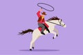 Cartoon flat style drawing brave cowboy with lasso on rearing horse. Stylized cowboy with rope lasso on horse. Happy American