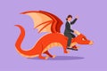 Cartoon flat style drawing of bravery businesswoman riding dragon. Conquering adversity, courage, victory, leadership. Royalty Free Stock Photo