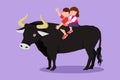 Cartoon flat style drawing bravery little boy and girl riding bull together. Children sitting on back bull with saddle in cowboy