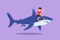 Cartoon flat style drawing bravery little boy riding inflatable shark. Adorable kids sitting on back shark in deep zoo swimming