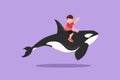 Cartoon flat style drawing bravery little boy riding orca. Adorable kids sitting on back whale killer in deep zoo swimming pool. Royalty Free Stock Photo