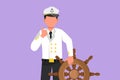 Cartoon flat style drawing bravery sailor man with thumbs up gesture ready to sail across seas in ship that is headed by captain.