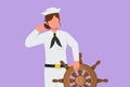 Cartoon flat style drawing bravery sailor woman with call me gesture ready to sail across seas in ship that is headed by captain.