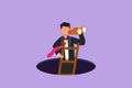 Cartoon flat style drawing businessman climbs out of the hole by ladder and using binocular. Business vision, idea, solution.