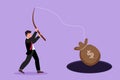 Cartoon flat style drawing of businessman holding fishing rod got big money bag from hole. Man catching money bag with fishing rod Royalty Free Stock Photo