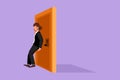 Cartoon flat style drawing of businesswoman pushing door with her back. Business struggles metaphor. Strength for success. Royalty Free Stock Photo