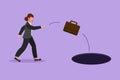 Cartoon flat style drawing businesswoman throws briefcase into hole. Failure to take advantage of business opportunities.