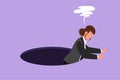 Cartoon flat style drawing of businesswoman trying to get out of from hole, metaphor to facing big problem. Business struggles in