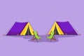 Cartoon flat style drawing camping landscape in campsite ground. Pair of tents with two chair in forest on grass. Summer camping