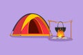 Cartoon flat style drawing camping site with tent bonfire and pot equipment. Tent, campfire, pine forest and rocky mountains. Royalty Free Stock Photo