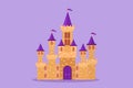 Cartoon flat style drawing castle in amusement park with seven towers and three flags. Fort building that tells of life in kingdom Royalty Free Stock Photo
