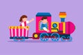 Cartoon flat style drawing cheerful little boy and girl riding on train at amusement park. Happy kids riding toy train or having Royalty Free Stock Photo